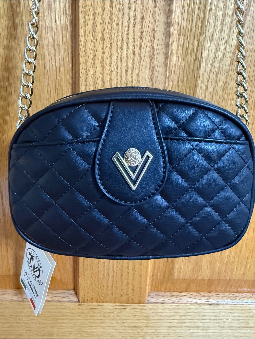 Valentino Orlandi Black Quilted Leather Crossbody with Gold V Emblem